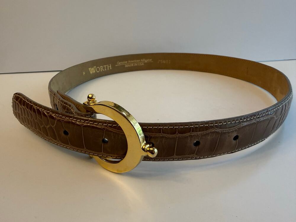 Worth Genuine American Alligator Leather Belt Sz P XS Tan Taupe Gold Buckle USA